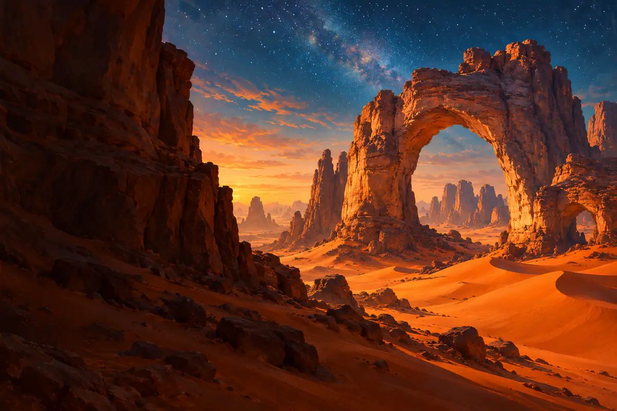 Arches de grès sculptées du Tassili n’Ajjer dans le Sahara algérien, dunes orangées et ciel du crépuscule