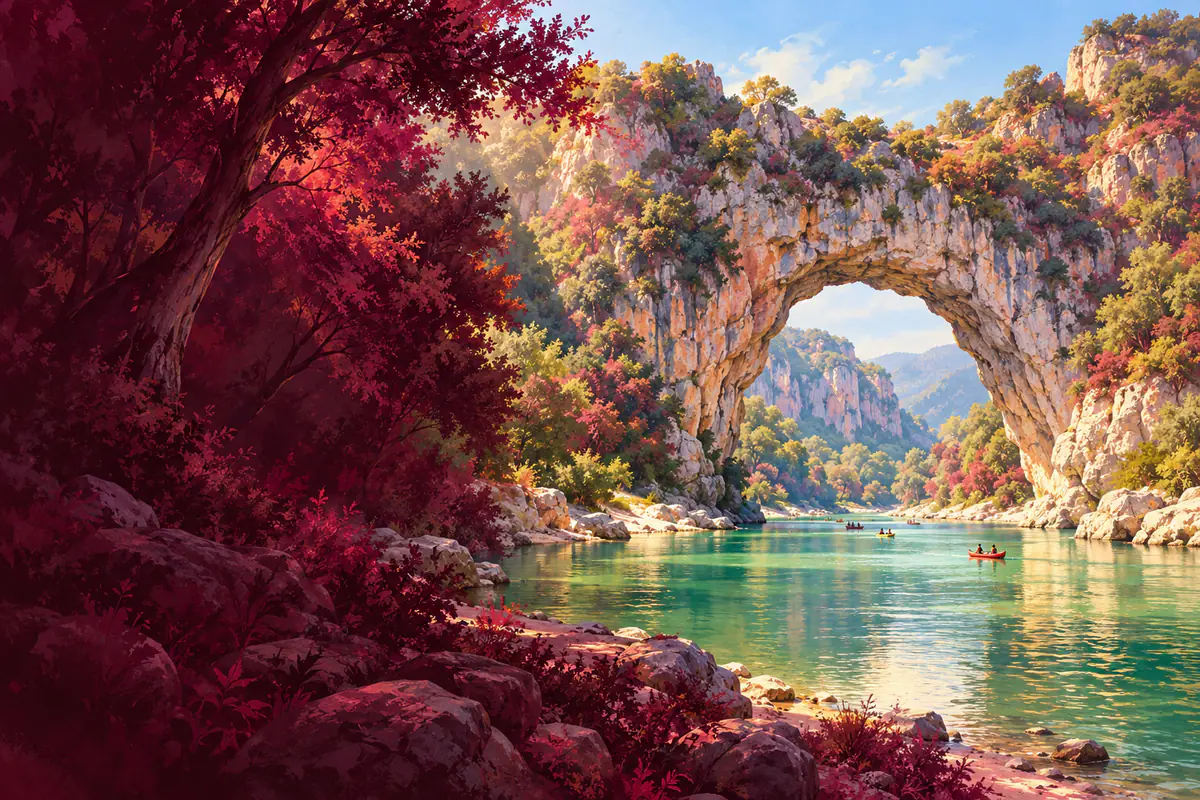 Le Pont d’Arc, arche naturelle de calcaire au-dessus de l’Ardèche vert jade, canoës au loin un matin d’été