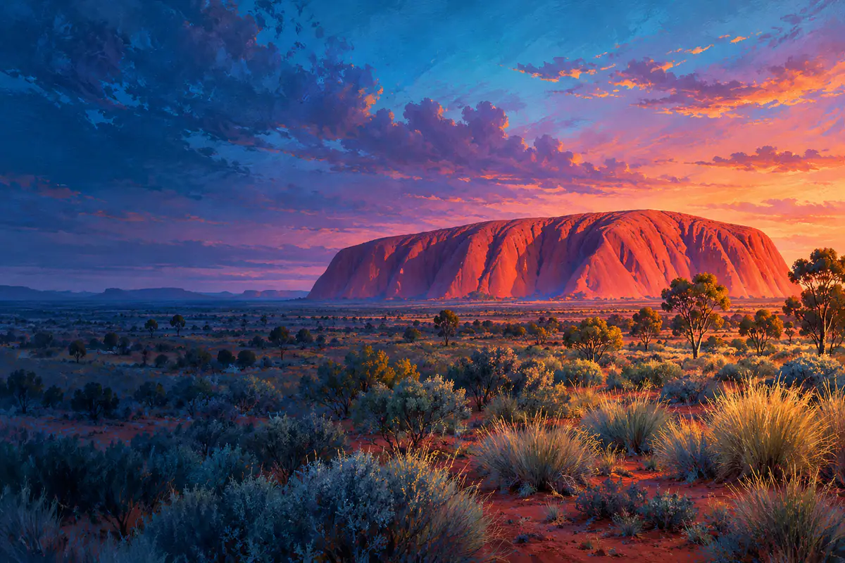 Uluru, monolithe rouge du centre de l’Australie, au crépuscule dans le désert ocre sous un ciel mauve