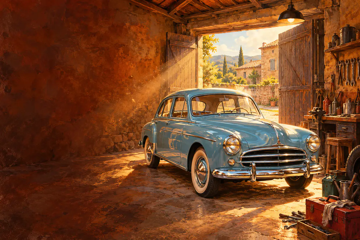 Berline de collection française des années 50 bleu pastel dans un vieux garage baigné de lumière dorée