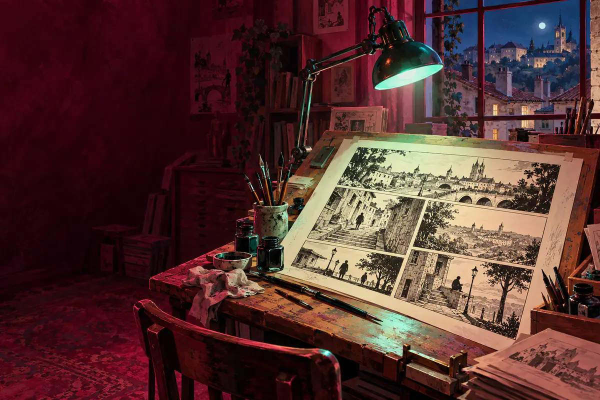 Table à dessin d’un dessinateur de bande dessinée à Angoulême, planche encrée, plumes et encre de Chine