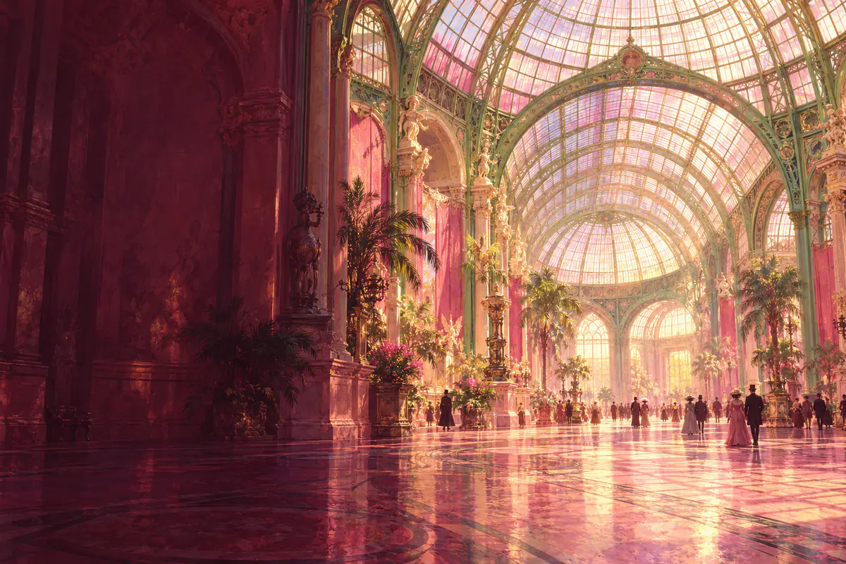 Nef du Grand Palais en 1900, verrière Art nouveau et charpente métallique verte dans une lumière dorée