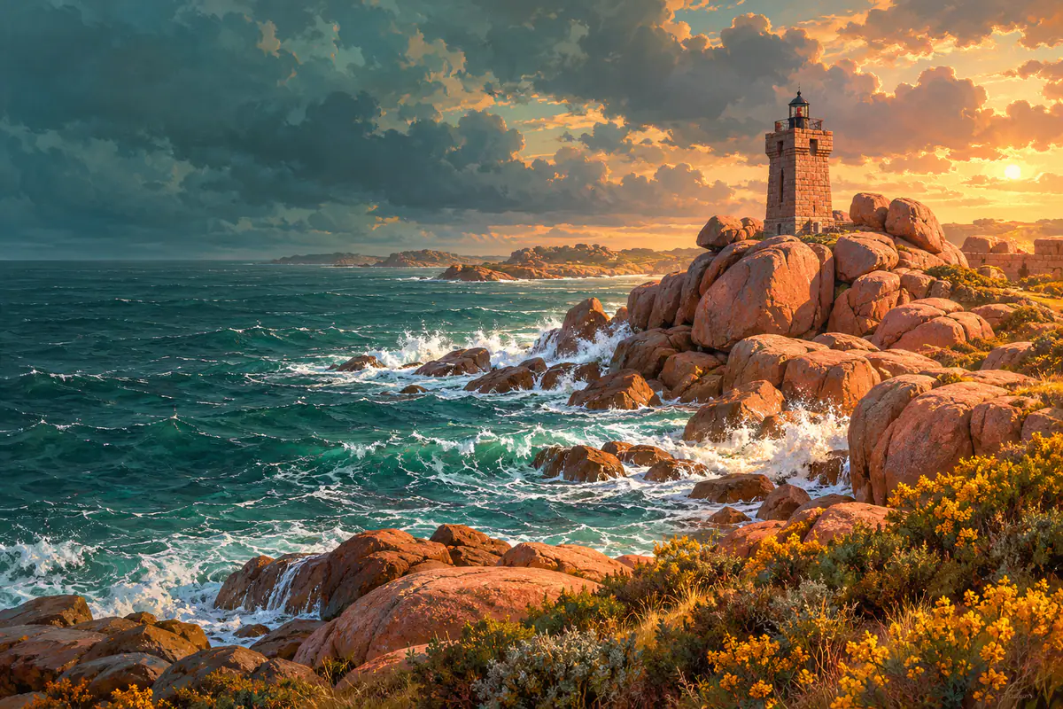 Le phare de Ploumanac’h parmi les rochers de granit rose de Perros-Guirec, landes d’ajoncs et mer agitée