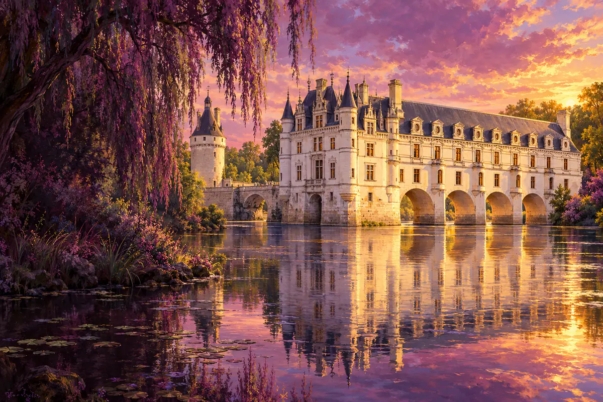 Le château de Chenonceau et sa galerie à arches enjambant le Cher, reflétés dans l’eau calme un soir de mai