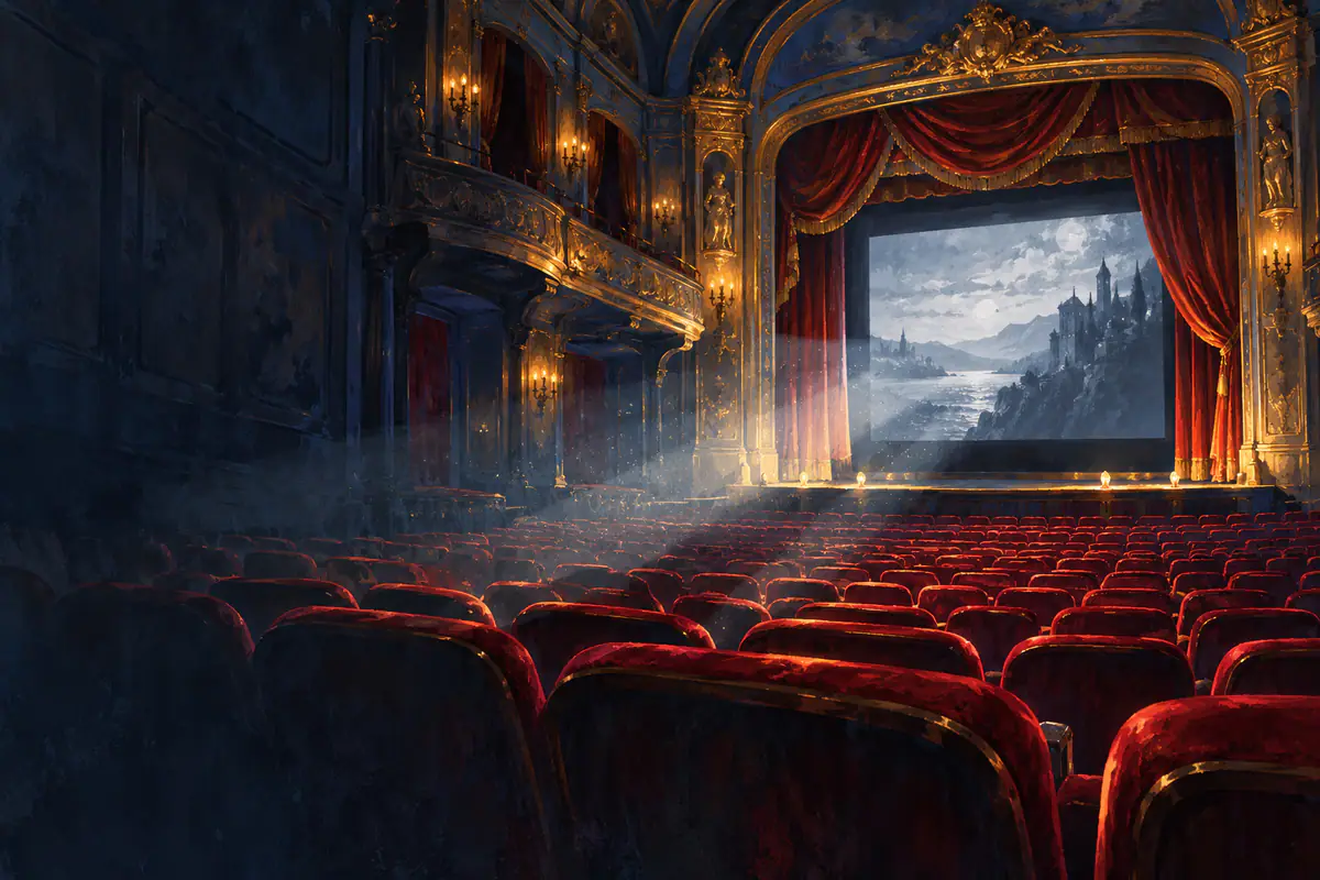 Salle de cinéma ancienne aux fauteuils de velours rouge, rayon du projecteur traversant la pénombre jusqu’au rideau