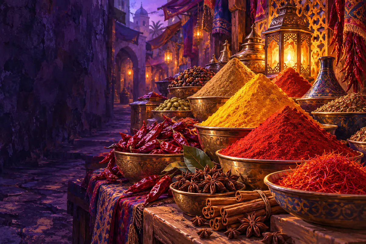 Pyramides d’épices colorées sur un marché : curcuma, paprika, safran, piments séchés et anis étoilé