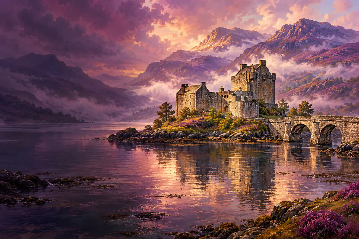 Le château d’Eilean Donan sur son îlot entre trois lochs écossais, pont de pierre et montagnes de bruyère