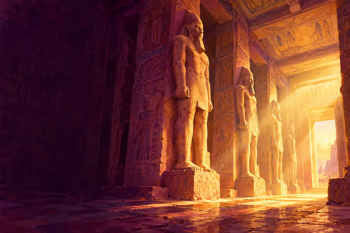 Rayon de soleil traversant le grand temple d’Abou Simbel jusqu’aux statues colossales, dans l’ocre et l’or