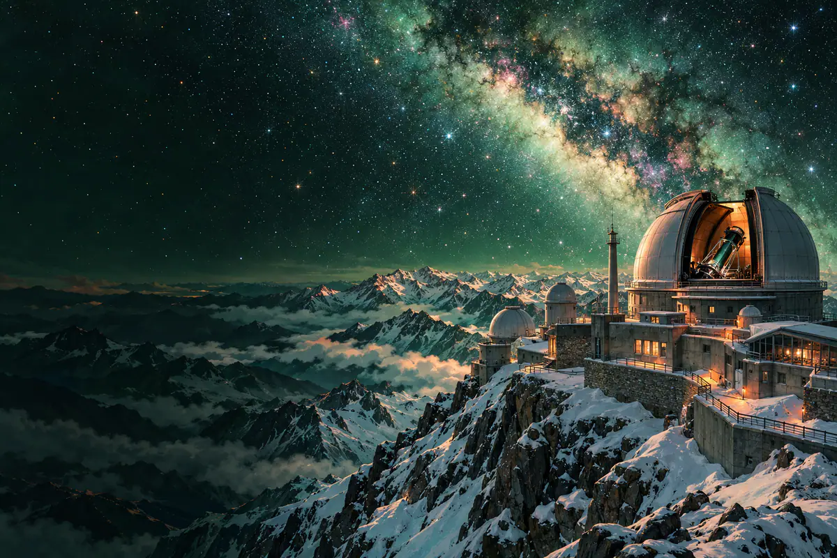 Observatoire du Pic du Midi la nuit, coupole ouverte sur la Voie lactée au-dessus des Pyrénées enneigées