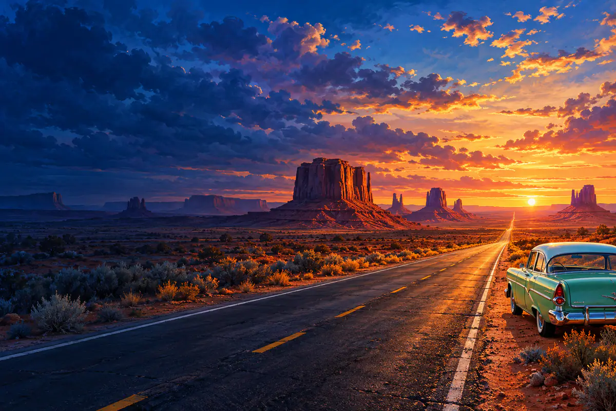 Route du désert de l’Arizona sur l’ancienne route 66, voiture des années 50 et buttes de Monument Valley