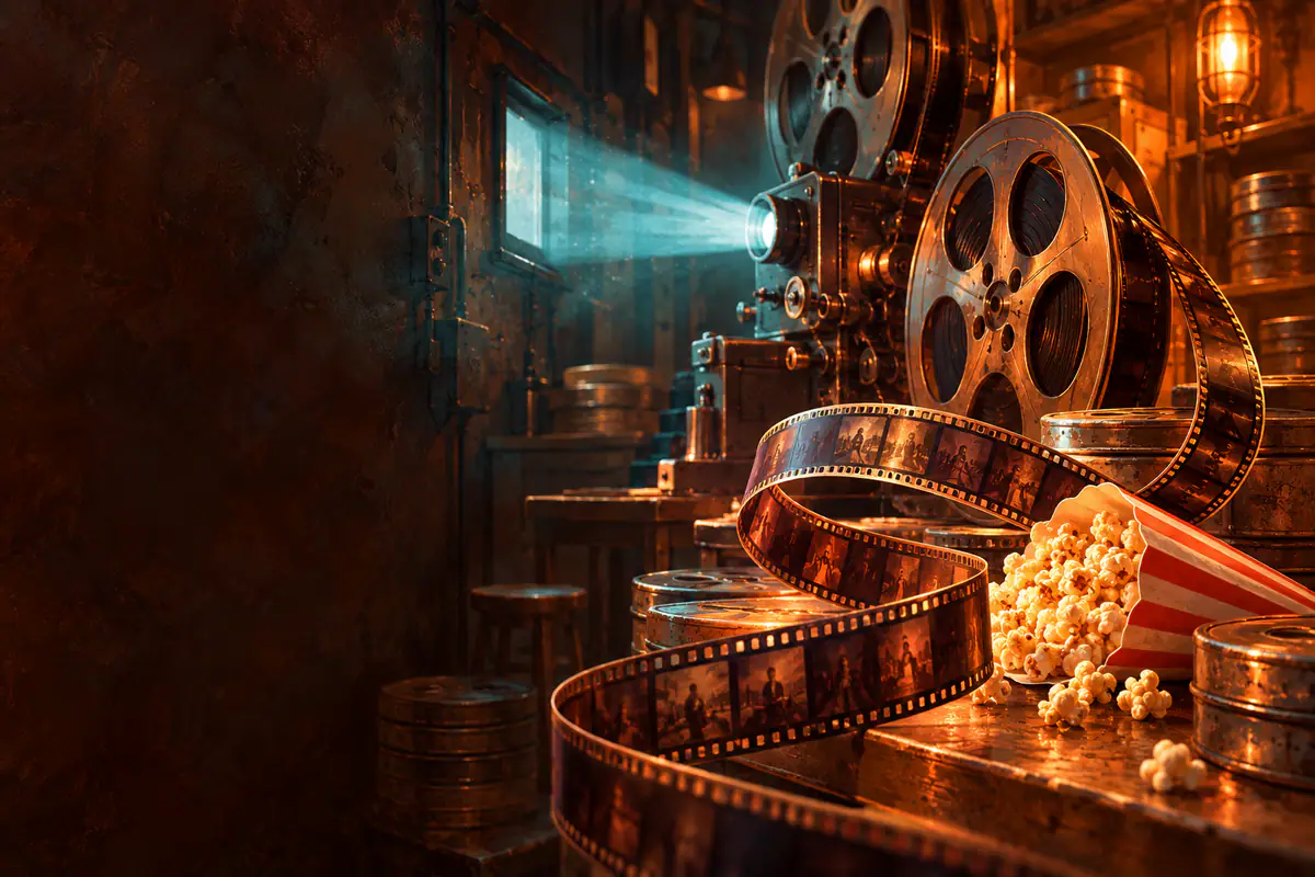 Bobines de film 35 mm, pellicule déroulée et cornet de pop-corn dans le rayon d’une cabine de projection