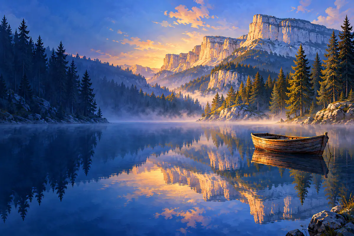 Petit lac de montagne du Vercors au petit matin, reflet des sapins et des falaises, barque en bois