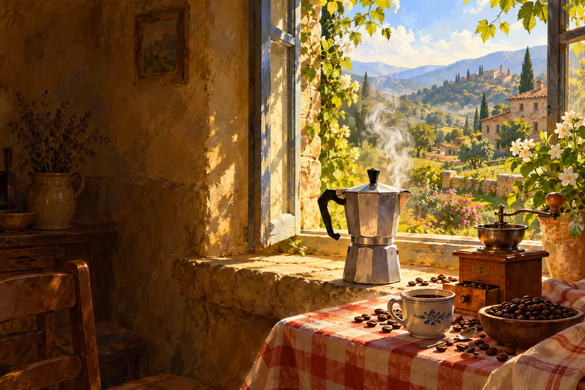 Cafetière italienne fumante, moulin à café en bois et grains sur une nappe à carreaux, devant une fenêtre ouverte