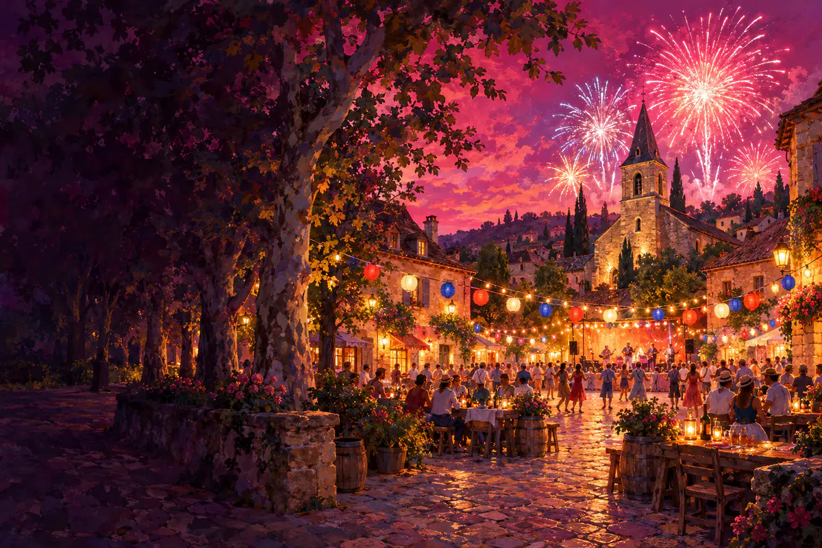 Place d’un village du Périgord un soir de 14 Juillet, lampions, platanes et feu d’artifice sur l’église