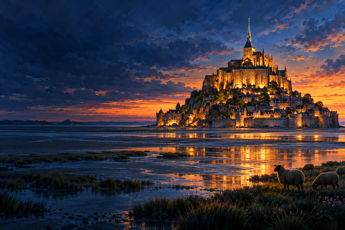 Le Mont-Saint-Michel illuminé au crépuscule, reflété dans les grèves de la baie, moutons de pré-salé devant