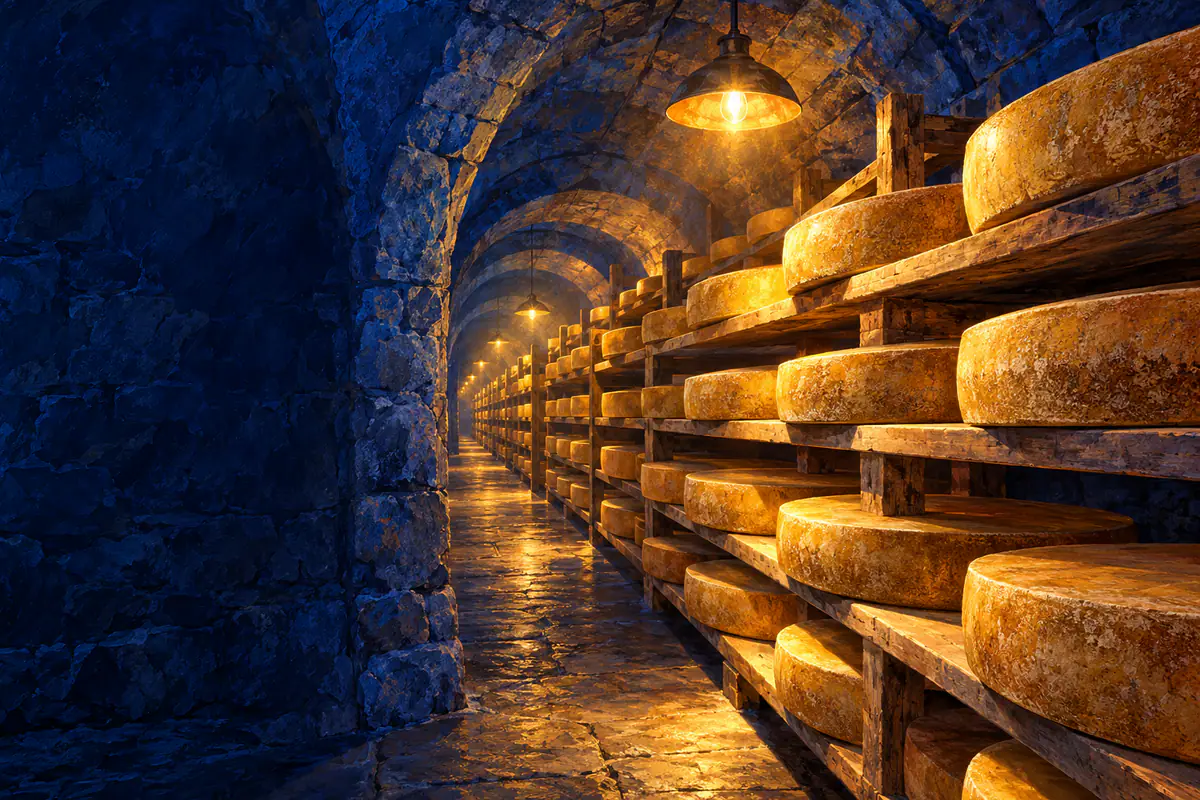 Meules de comté alignées sur des planches d’épicéa dans une cave d’affinage voûtée du Jura