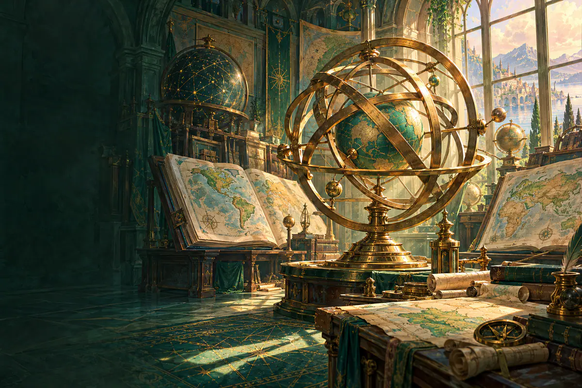 Sphère armillaire en laiton au centre d’une salle de cartographie, atlas géants ouverts et globe céleste