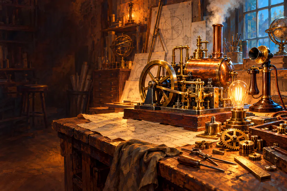 Atelier d’inventeur du XIXe siècle : machine à vapeur miniature, ampoule à filament et engrenages de laiton