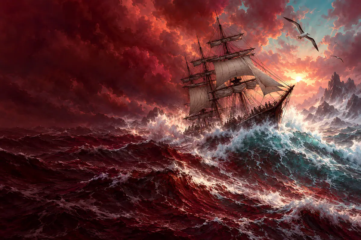 Trois-mâts d’expédition affrontant les vagues géantes du cap Horn sous un ciel de tempête, albatros