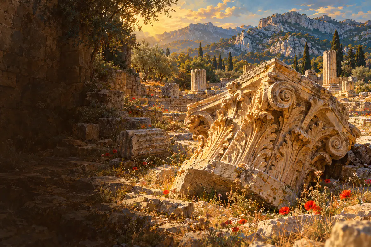Chapiteau corinthien tombé parmi les colonnes brisées du site antique de Glanum, Alpilles en arrière-plan