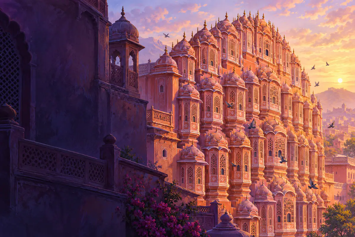 Façade de grès rose du Hawa Mahal de Jaipur et ses centaines de petites fenêtres au lever du soleil