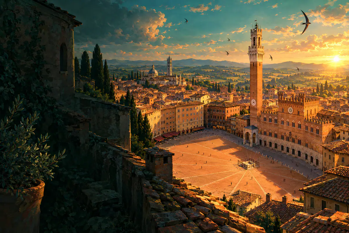 La Piazza del Campo de Sienne et la Torre del Mangia vues des toits dans la lumière dorée du soir