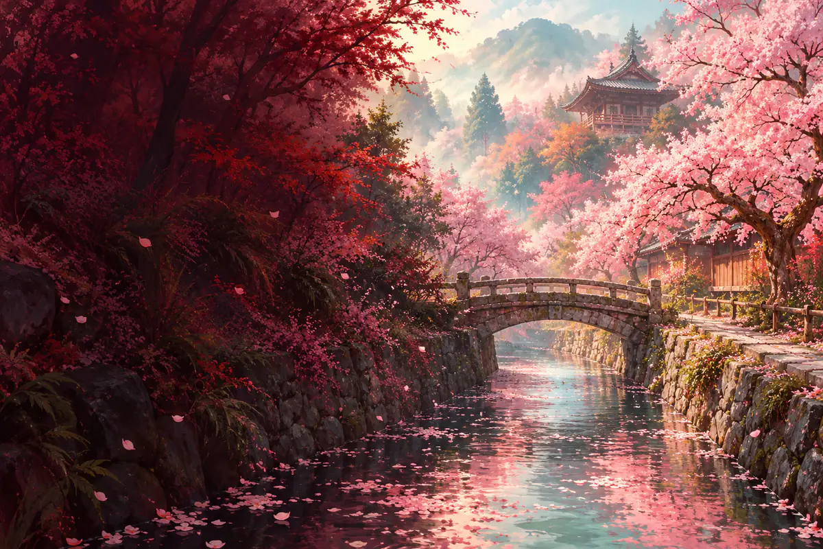 Cerisiers en fleurs le long du chemin de la Philosophie à Kyoto, pétales sur le canal et petit pont de pierre