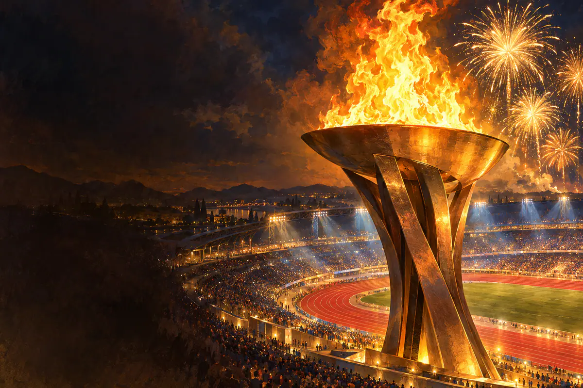 Vasque olympique en flamme au-dessus d’un stade la nuit, feux d’artifice dorés et piste d’athlétisme rouge