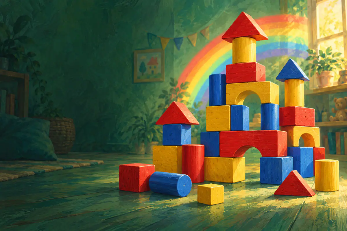 Tour de blocs en bois aux formes géométriques et aux couleurs primaires devant un arc-en-ciel