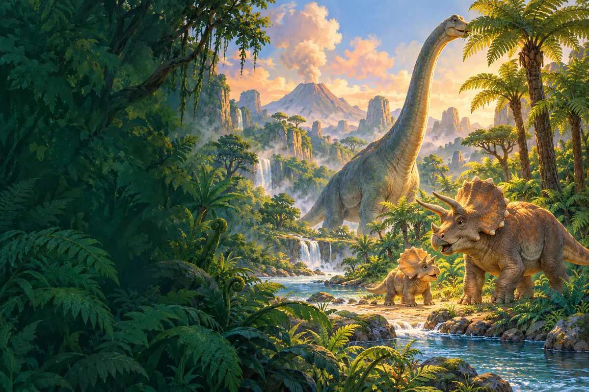 Brachiosaure broutant les fougères géantes et tricératops avec son petit près d’une rivière préhistorique