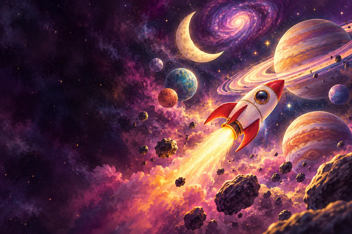 Fusée rouge et blanche décollant vers des planètes colorées, Saturne et une galaxie violette, pour les enfants