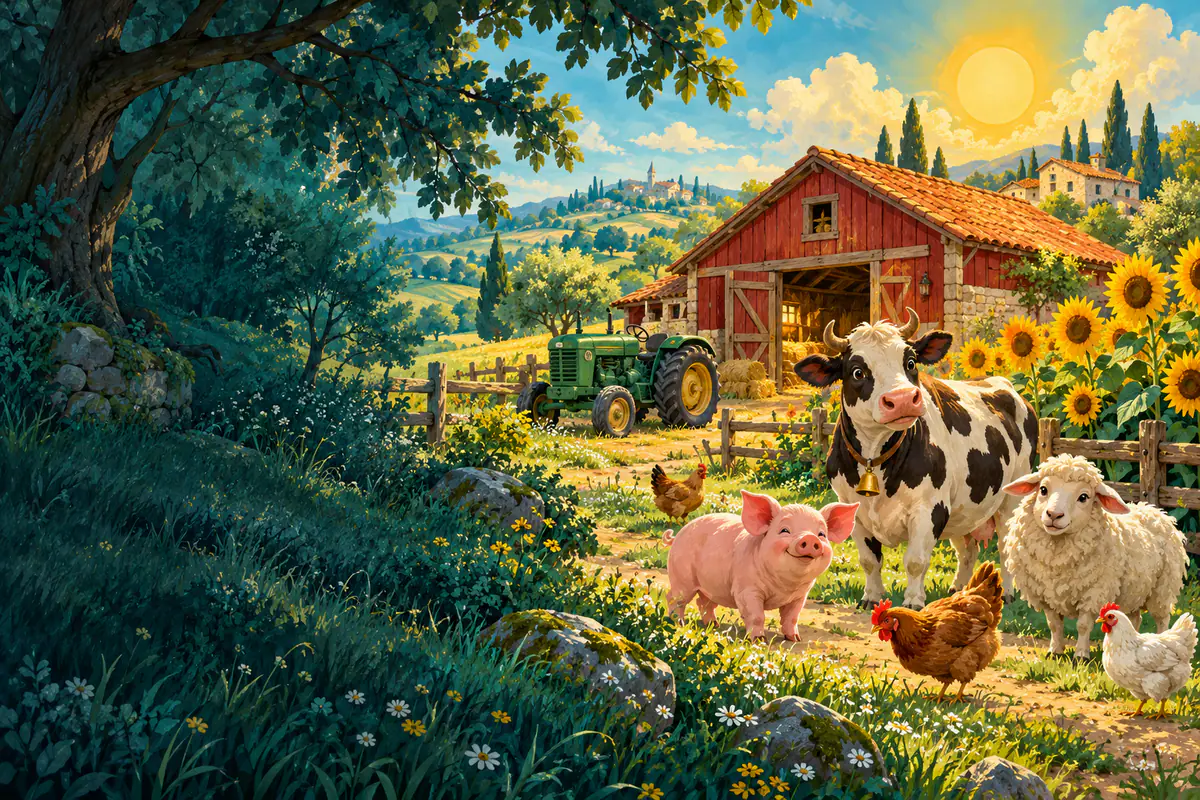 Ferme de livre d’enfants avec grange rouge, tracteur vert, animaux et champ de tournesols sous un grand soleil