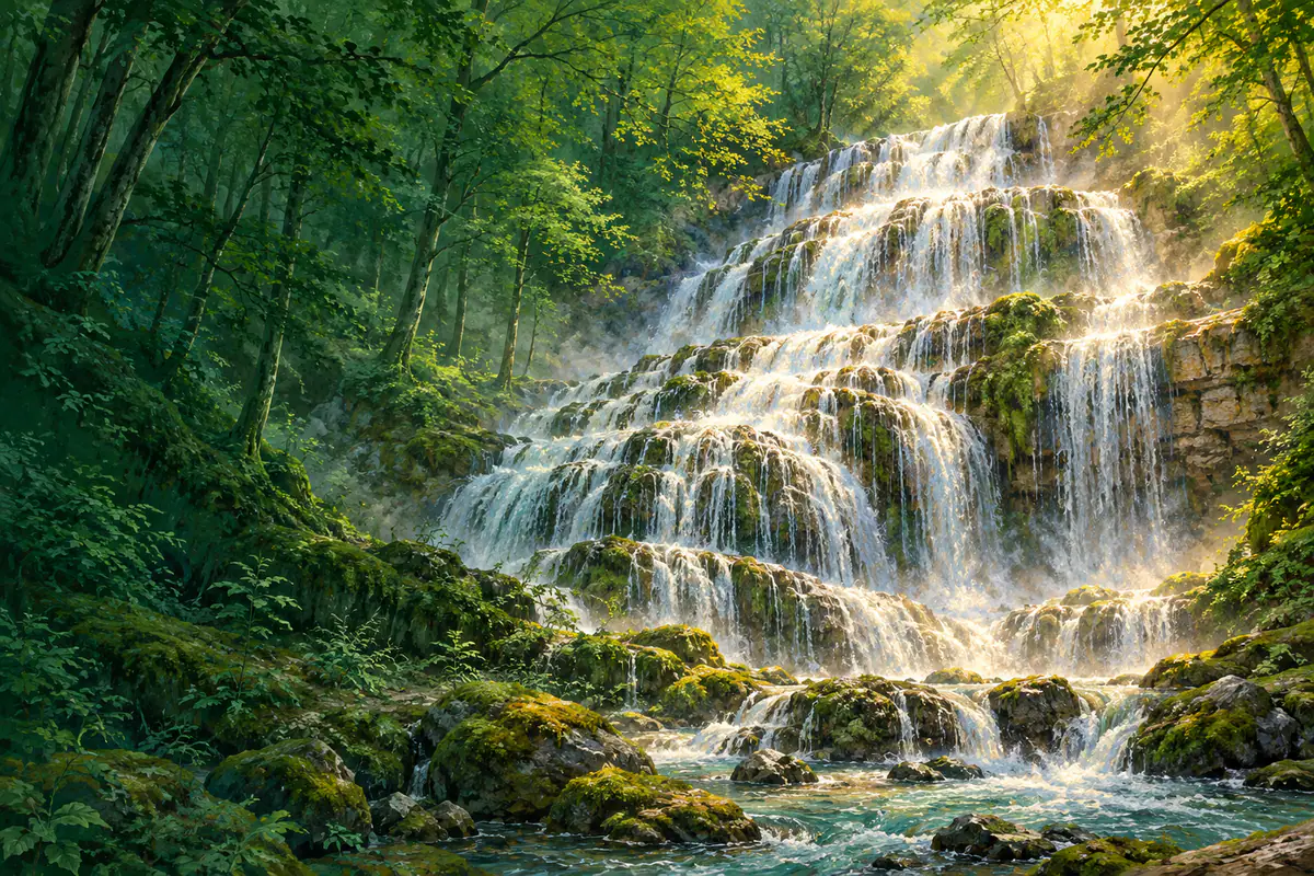 Cascades du Hérisson dans le Jura, gradins de calcaire moussus et forêt de hêtres au printemps
