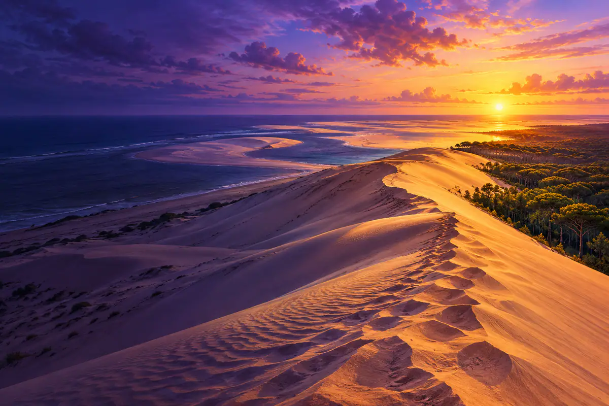 Crête de sable de la dune du Pilat au coucher du soleil, forêt de pins des Landes et océan Atlantique