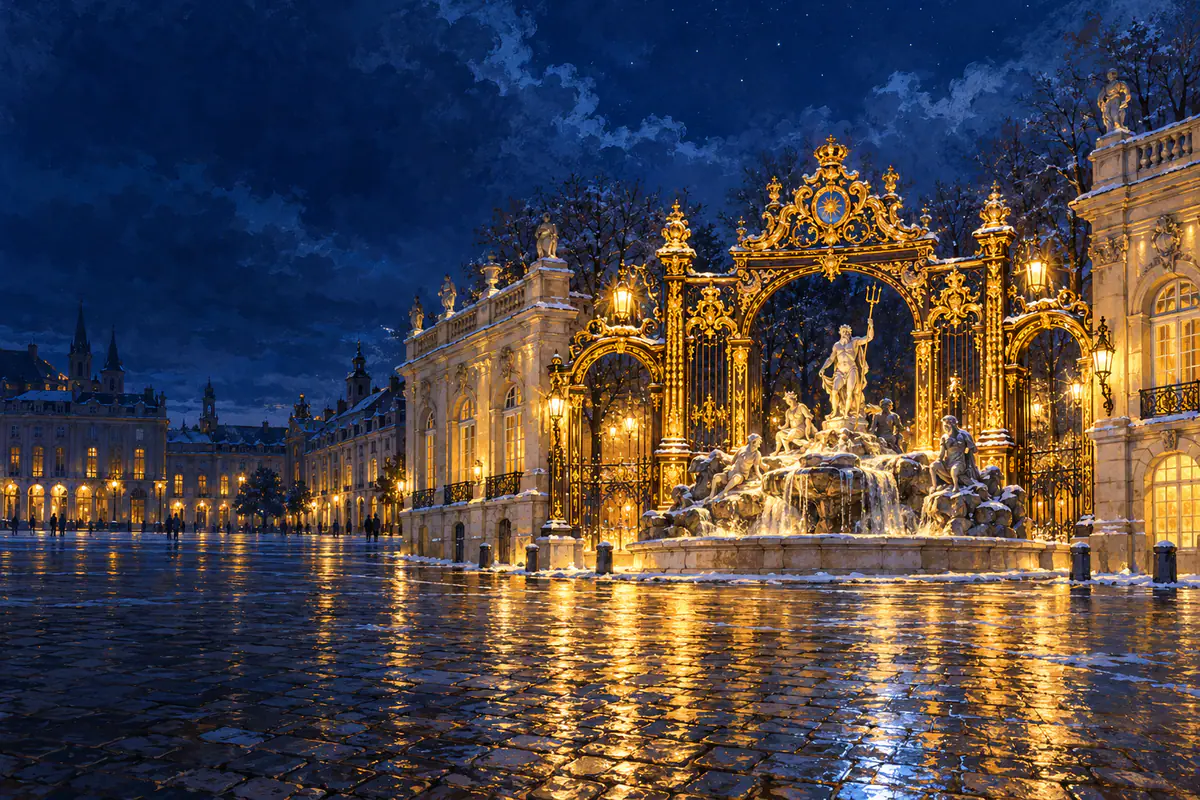 Grilles dorées de la place Stanislas à Nancy illuminées la nuit, pavés mouillés reflétant l’or en hiver