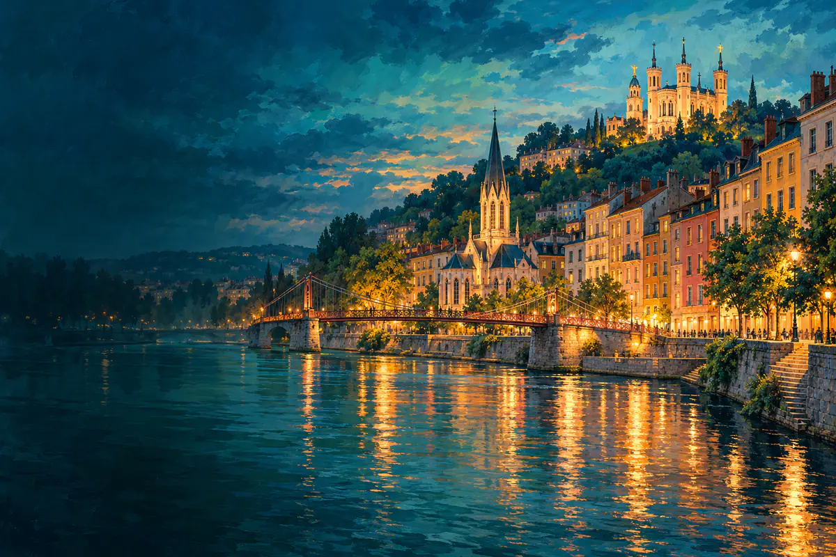 Quai de Saône à Lyon à l’heure bleue, façades du Vieux Lyon reflétées et basilique de Fourvière illuminée