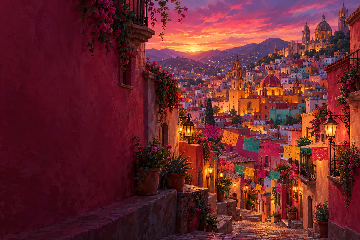 Maisons colorées de Guanajuato étagées sur la colline, coupoles et clochers dans la lumière du soir