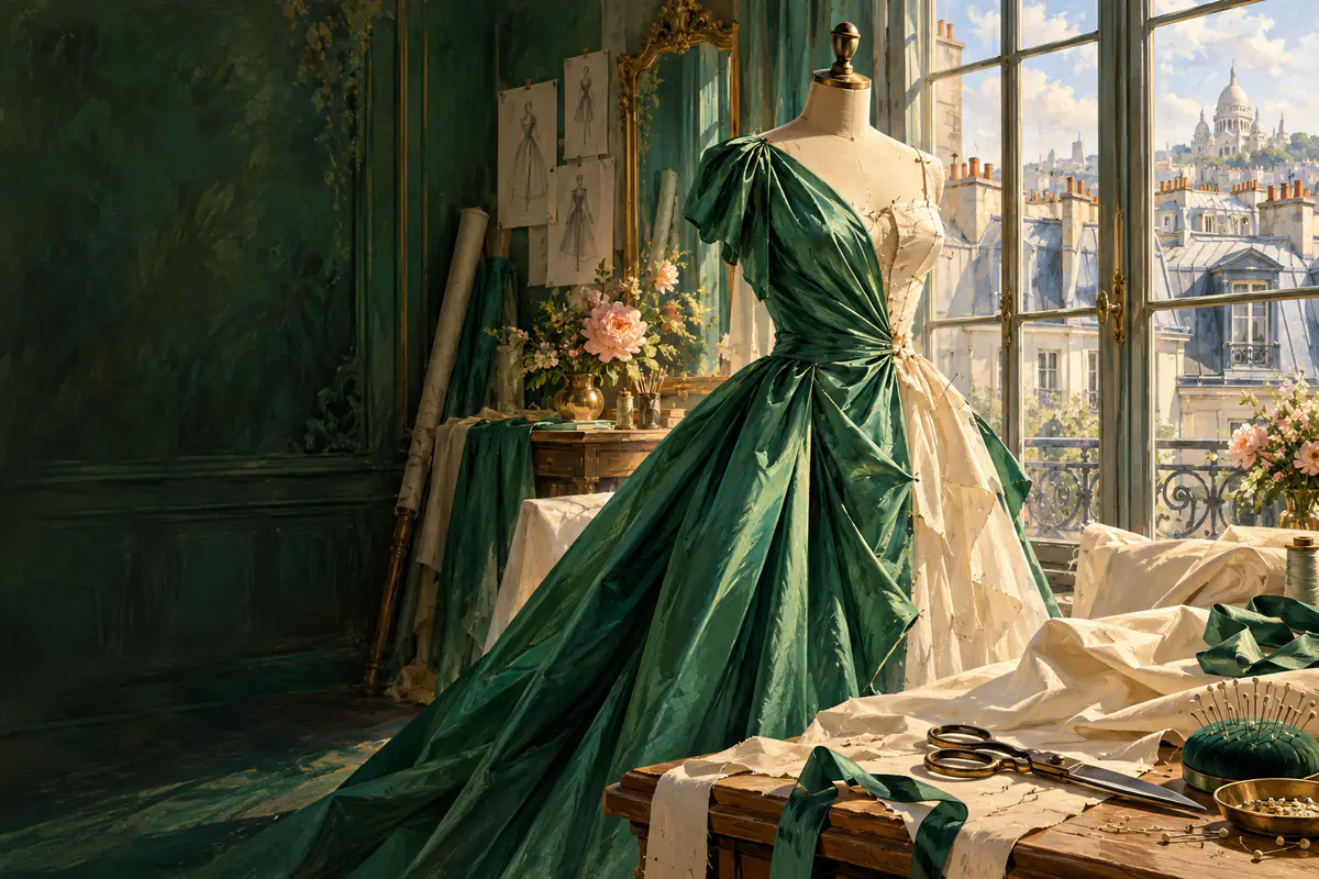 Atelier de haute couture parisien, robe de soie épinglée sur un mannequin de couture, rubans et ciseaux