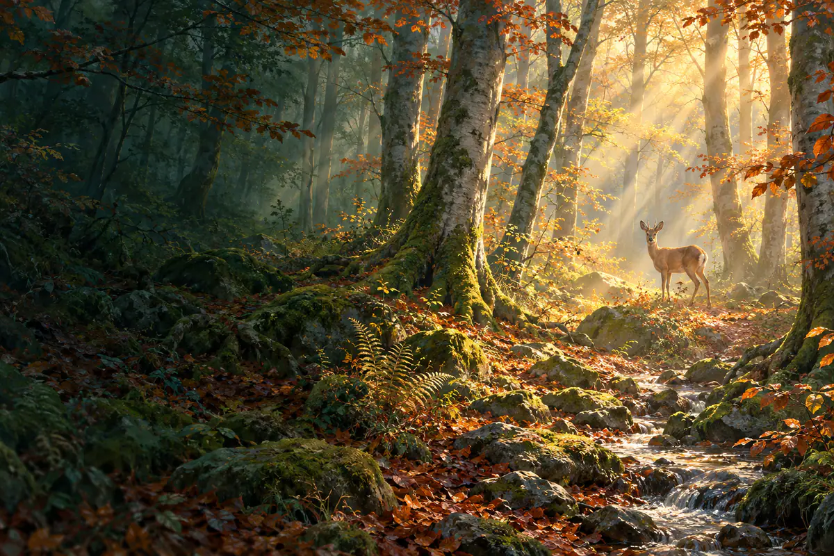 Sous-bois de hêtres de Brocéliande au petit matin d’octobre, rayons obliques dans la brume et chevreuil au loin