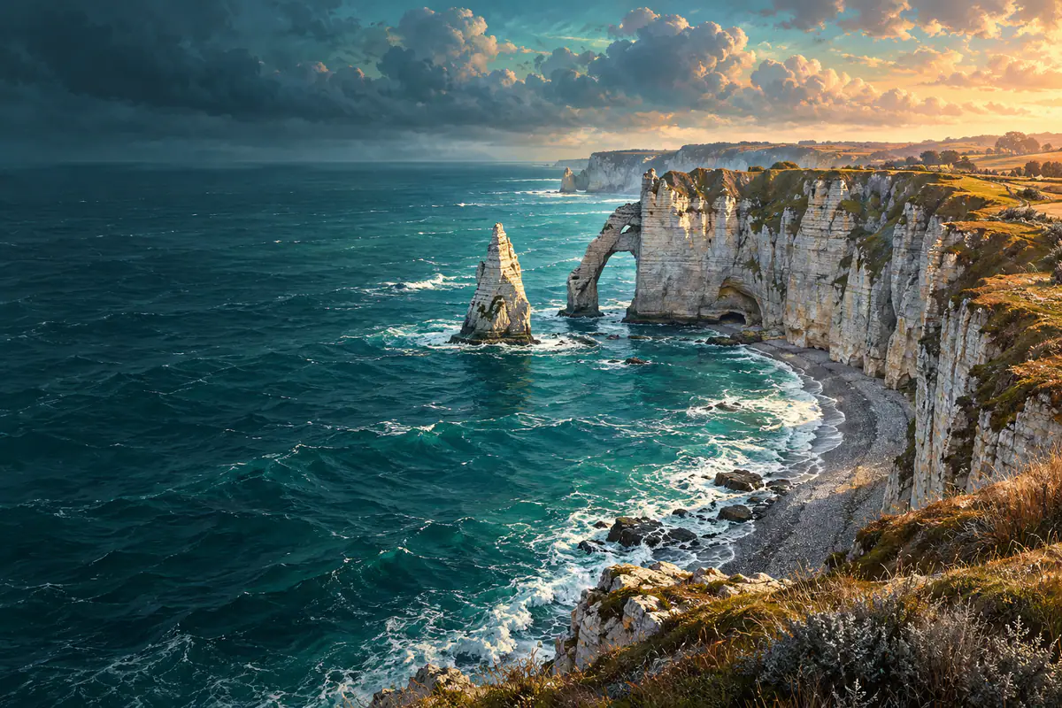 Les falaises d’Étretat, l’Arche d’Aval et l’Aiguille vues depuis la falaise d’Amont, mer turquoise et galets