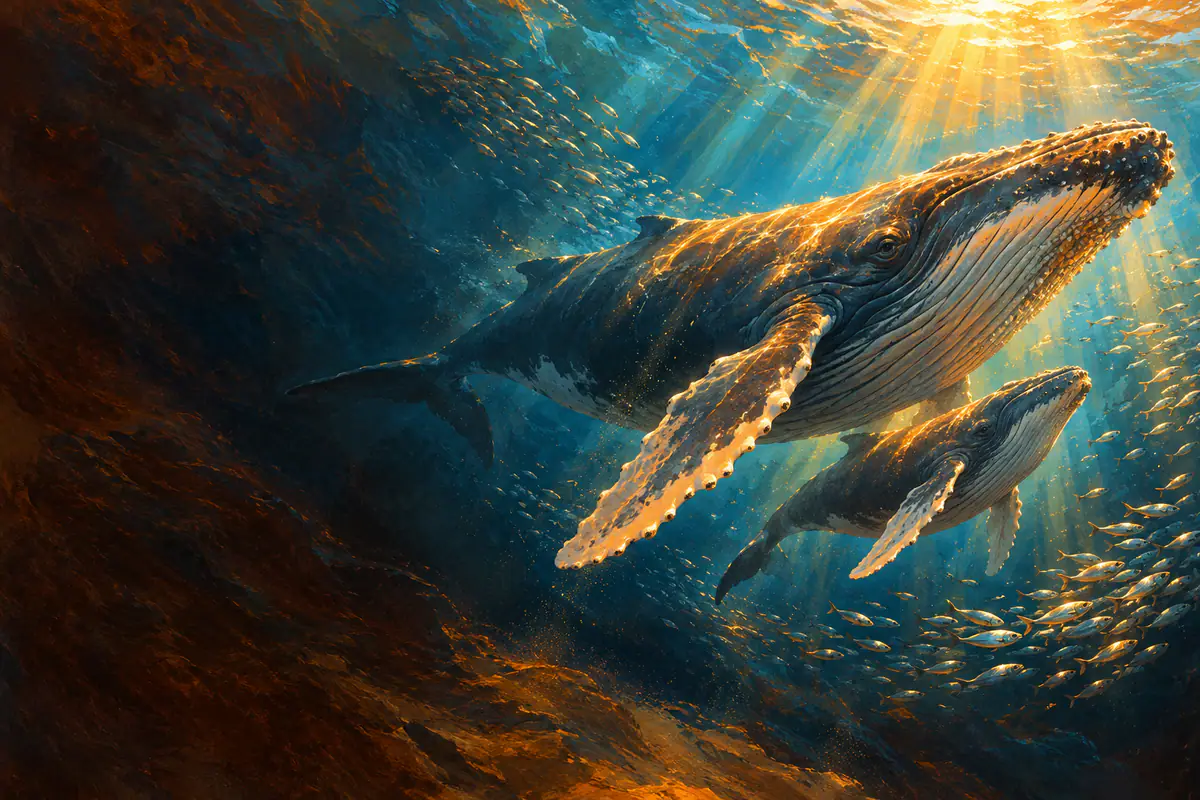 Baleine à bosse et son baleineau sous l’eau, traversés de rayons de soleil, bancs de poissons argentés