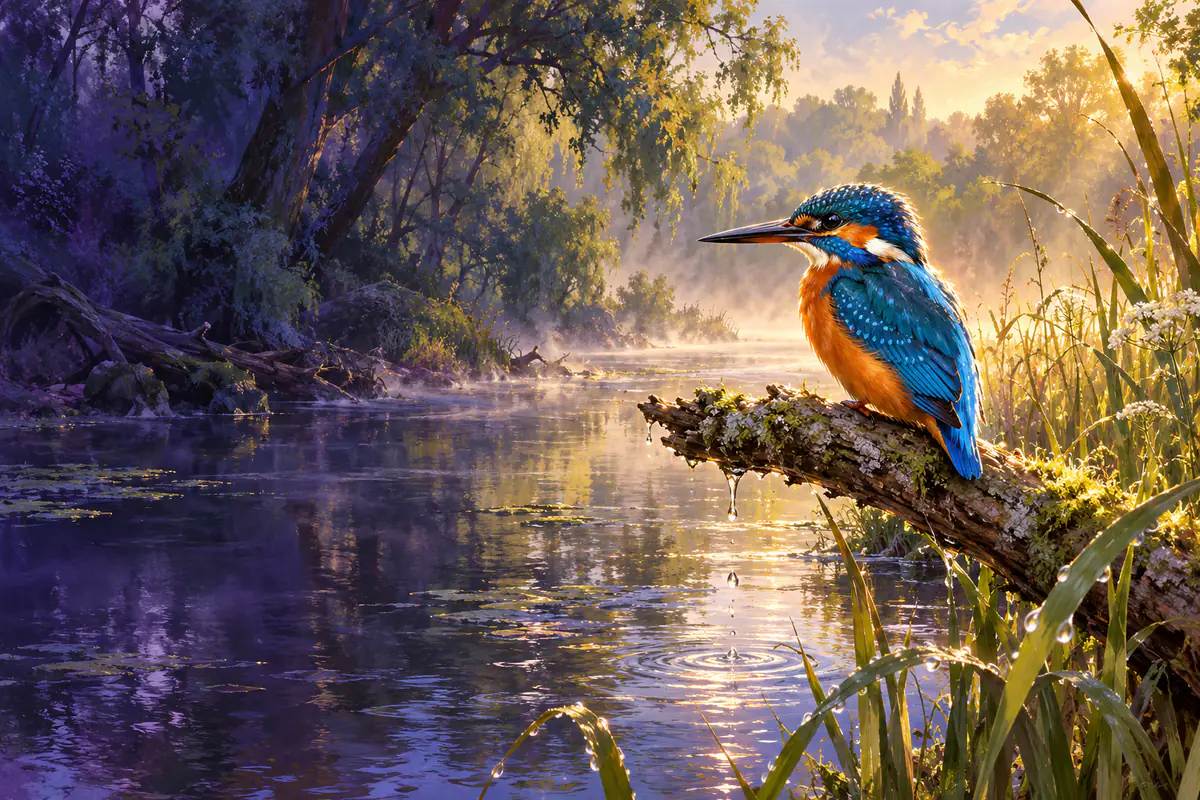 Martin-pêcheur bleu et orange perché sur une branche au-dessus d’une rivière de Sologne, au matin