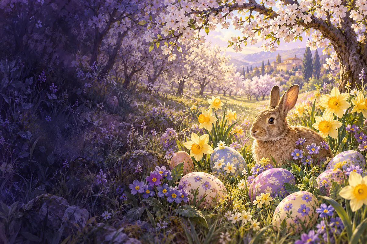 Œufs de Pâques peints de couleurs pastel cachés dans l’herbe d’un verger en fleurs, jonquilles et lapin