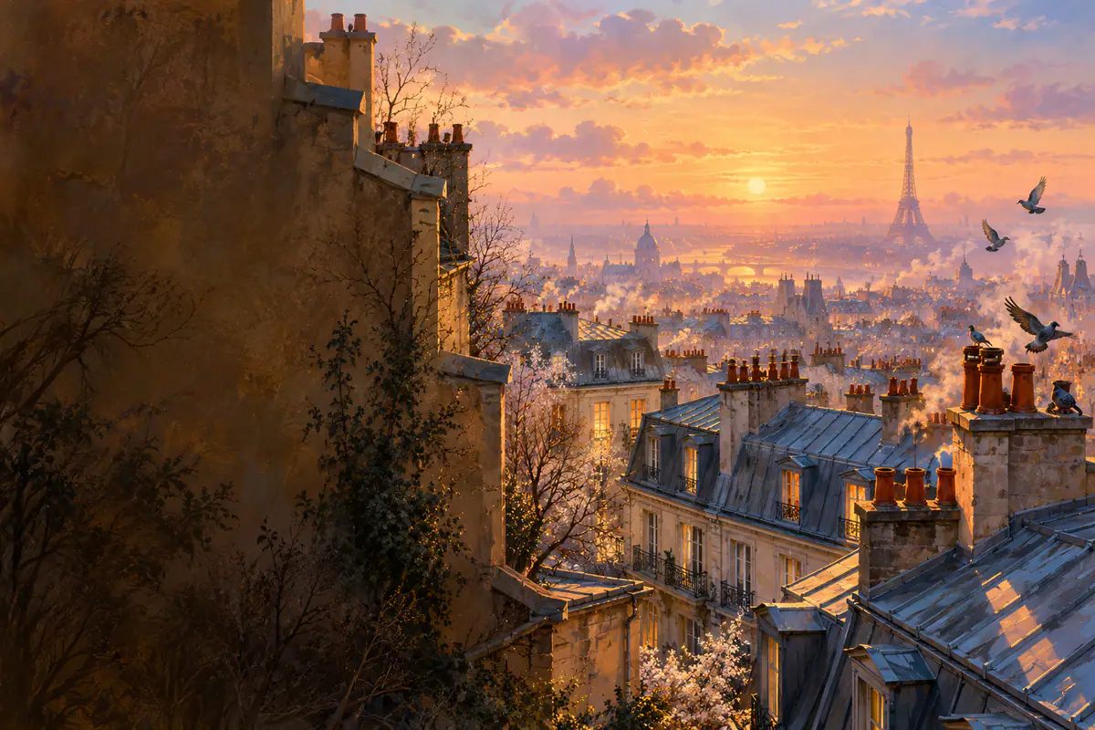 Toits de zinc de Paris et cheminées en terre cuite vus de Montmartre à l’aube, tour Eiffel dans la brume