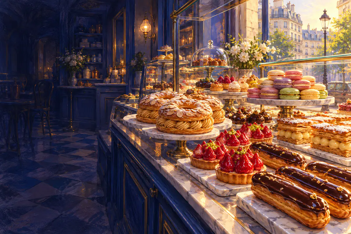Vitrine de pâtisserie parisienne au petit matin : éclairs, tartes aux fraises, paris-brest et macarons