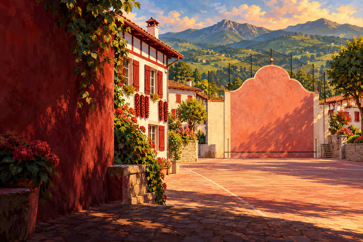 Fronton de pelote d’Espelette, maison basque aux volets rouges et guirlandes de piments, collines de la Rhune