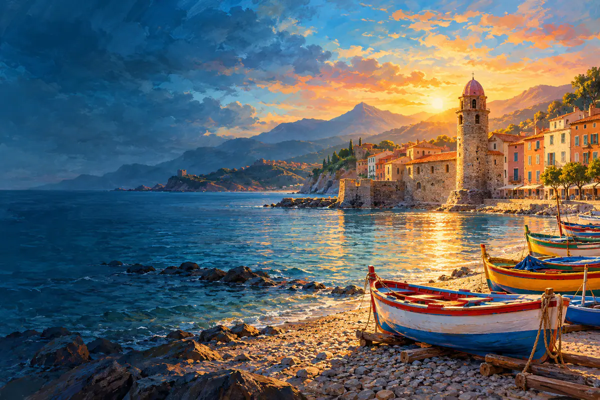 Port de Collioure au lever du soleil, clocher-phare, barques catalanes colorées et Pyrénées en arrière-plan