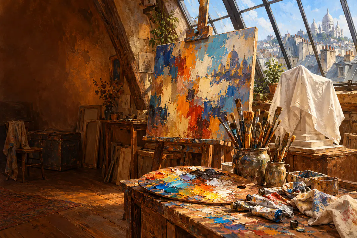 Atelier de peintre à Montmartre sous une verrière : chevalet, palette chargée, pinceaux et tubes de couleur