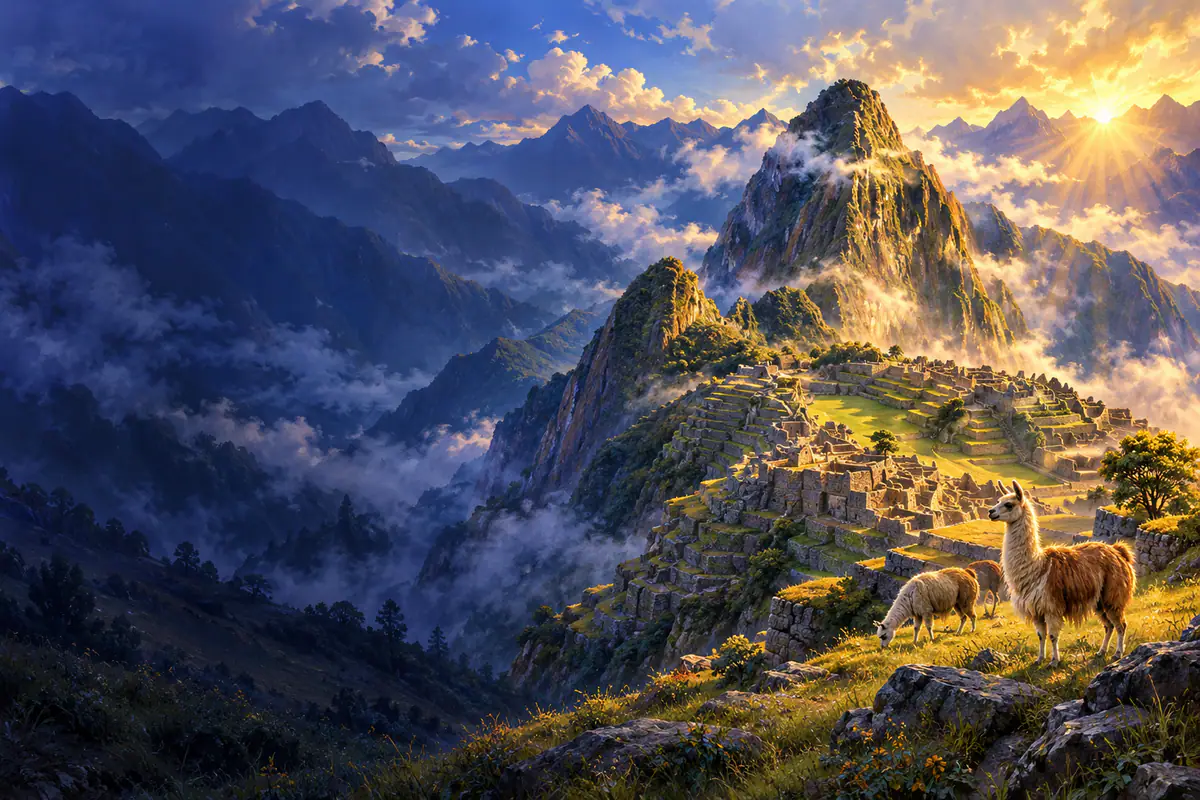 Terrasses incas du Machu Picchu à l’aube, nuages accrochés au Huayna Picchu et lamas sur l’herbe