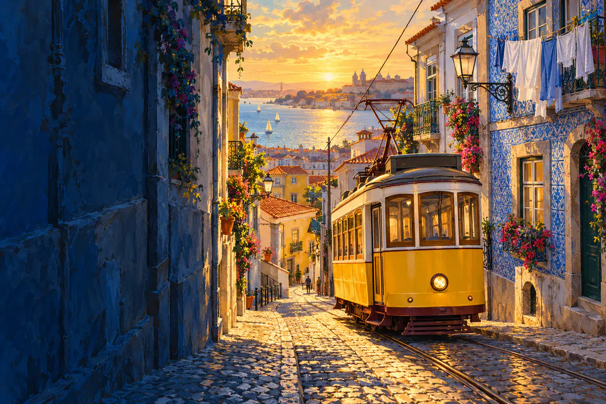 Tramway jaune ancien dans une ruelle pentue de l’Alfama à Lisbonne, façades d’azulejos et Tage scintillant